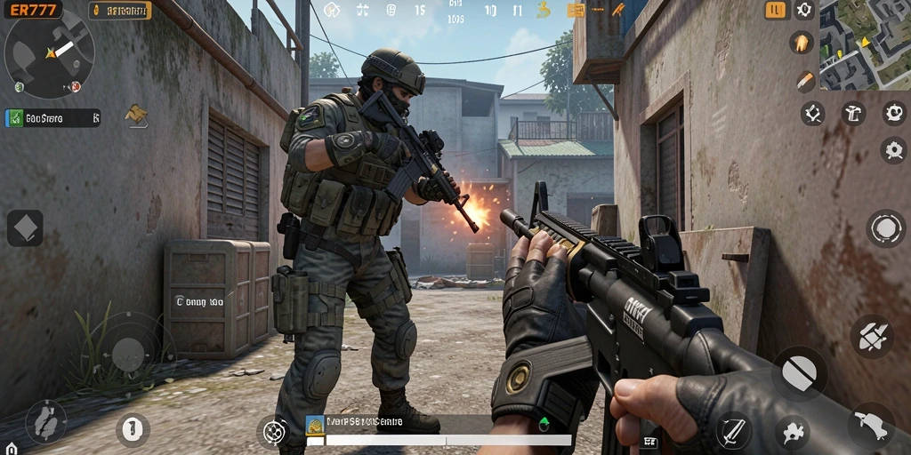 Tangkapan layar gameplay ER777 menampilkan aksi tembak-menembak yang mendebarkan.