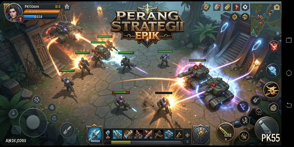 Screenshot gameplay PK55 dengan pertempuran strategi yang intens.